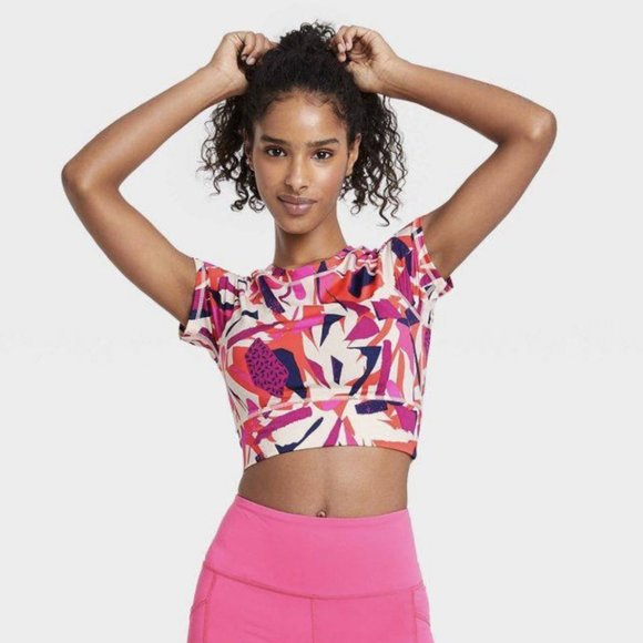 NWT Womens J. Dow Fitness Workout Artwork Colorful Short Sleeve Crop Top T-Shirt - Picture 1 of 2